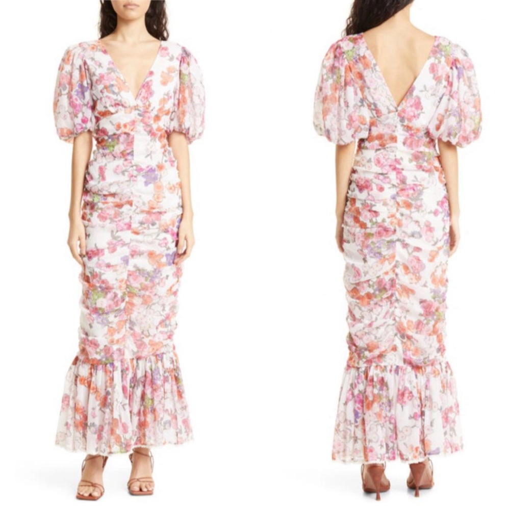 NEW byTIMO Floral Chiffon Maxi Dress Puff Sleeve Peplum Mermaid Wedding